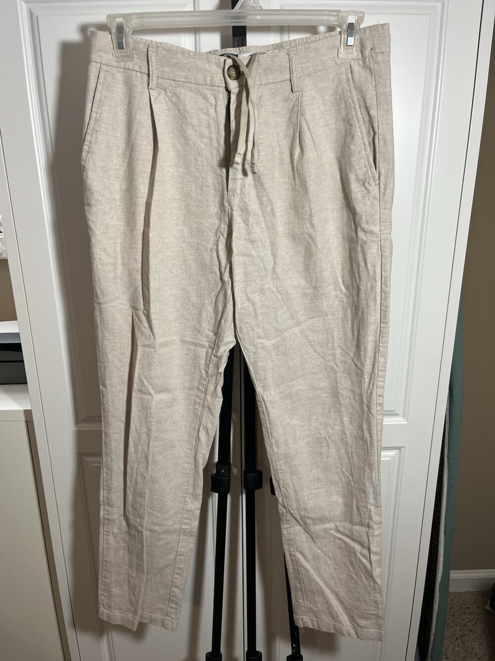 Old Navy Loose Taper Linen Blend Pants Size Medium Button Zip With Drawstring